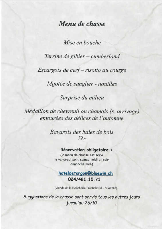 Menu chasse à l'Hôtel de Torgon_Torgon